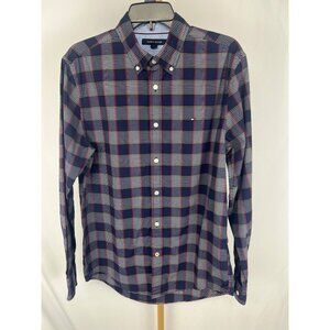Tommy Hilfiger Mens Navy & Red Plaid Slim-Fit Button-Down Shirt Size M 98% Cotto